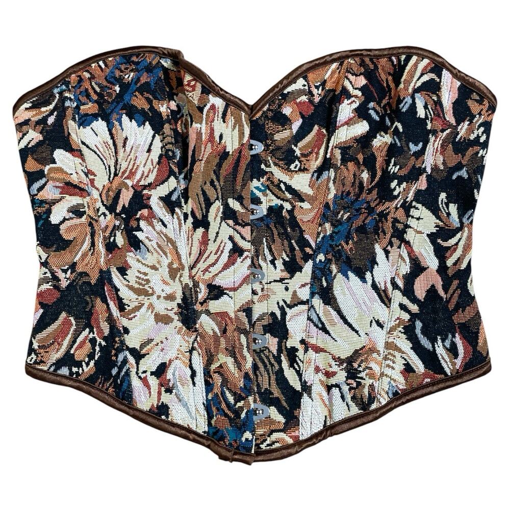 Brown Tapestry Corset Lace Up Back Floral Bustier Top Romantic Renaissance Sz M